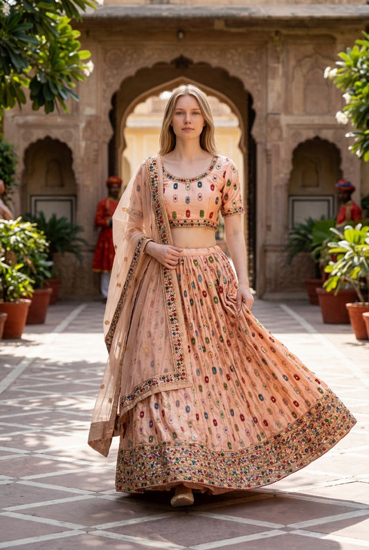 Peach Lehenga with Colorful Embroidery