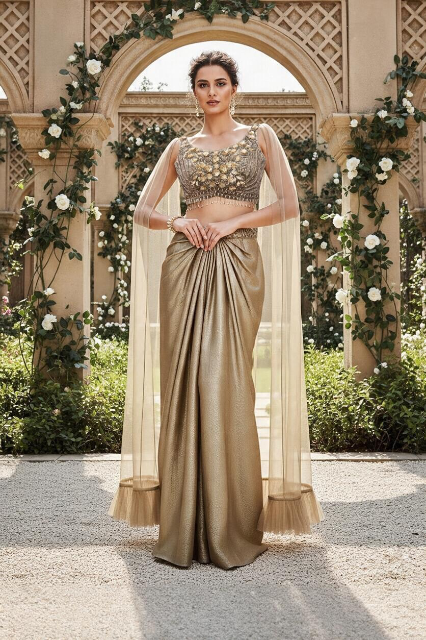 Modern look champagne Gold color cape outfit