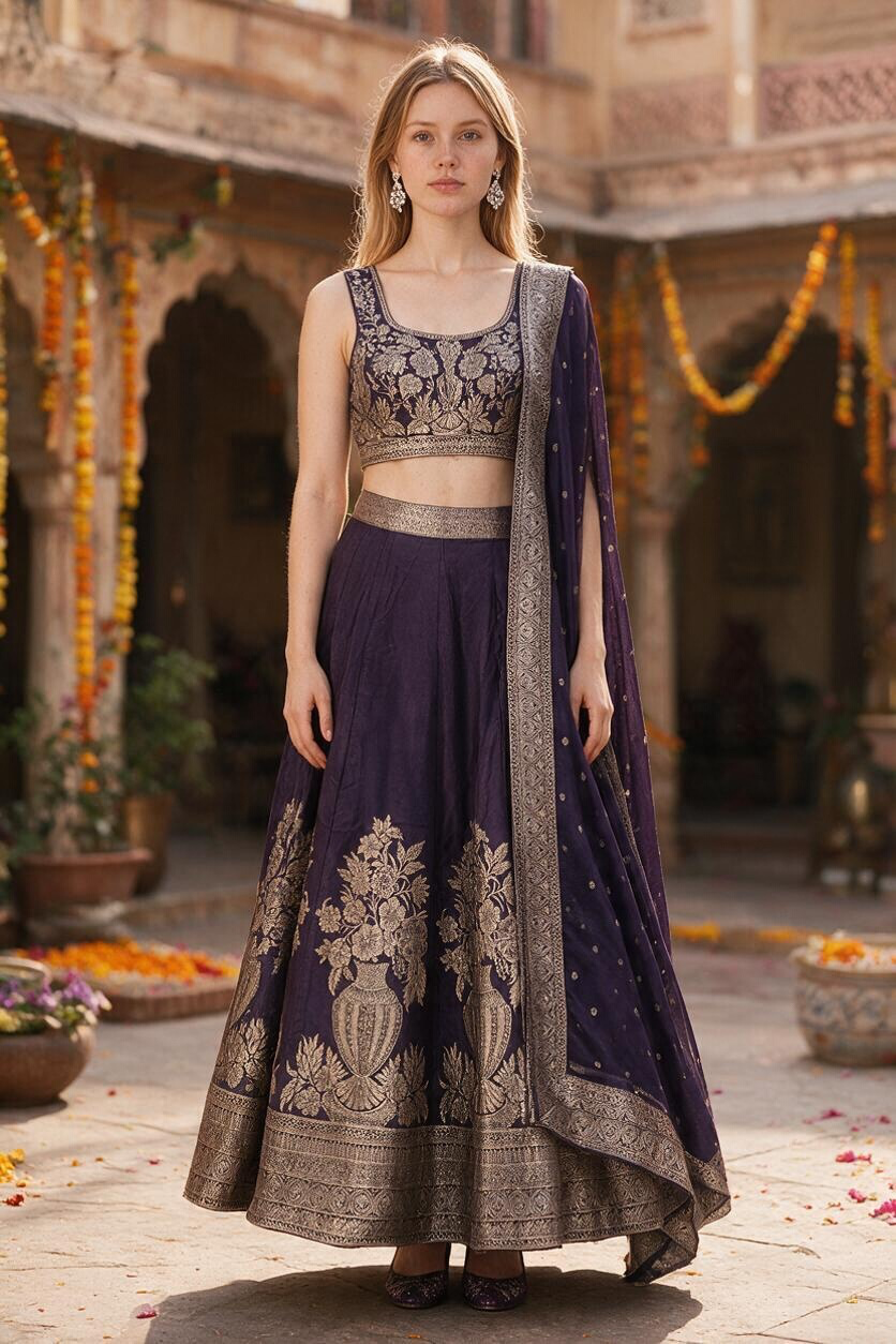 Dark Purple color banarsi silk crop top Lehenga