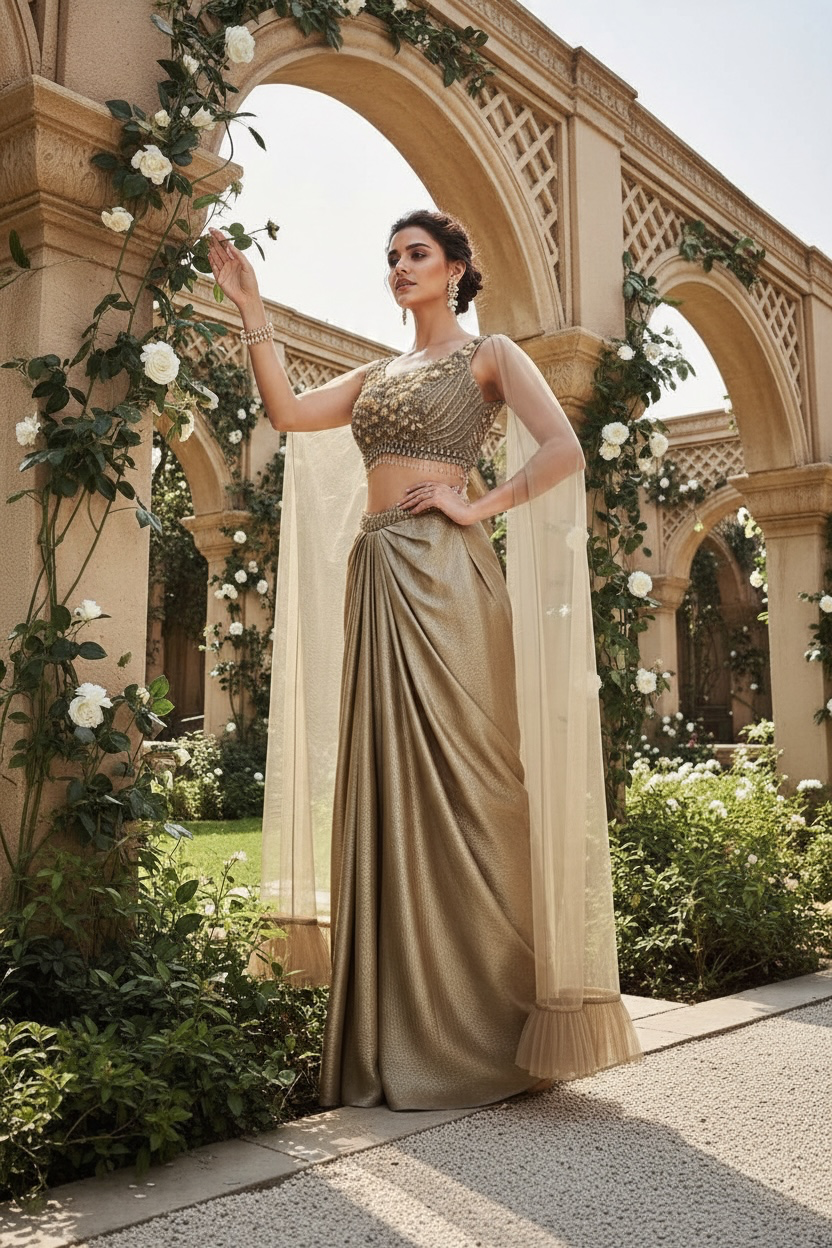Modern look champagne Gold color cape outfit