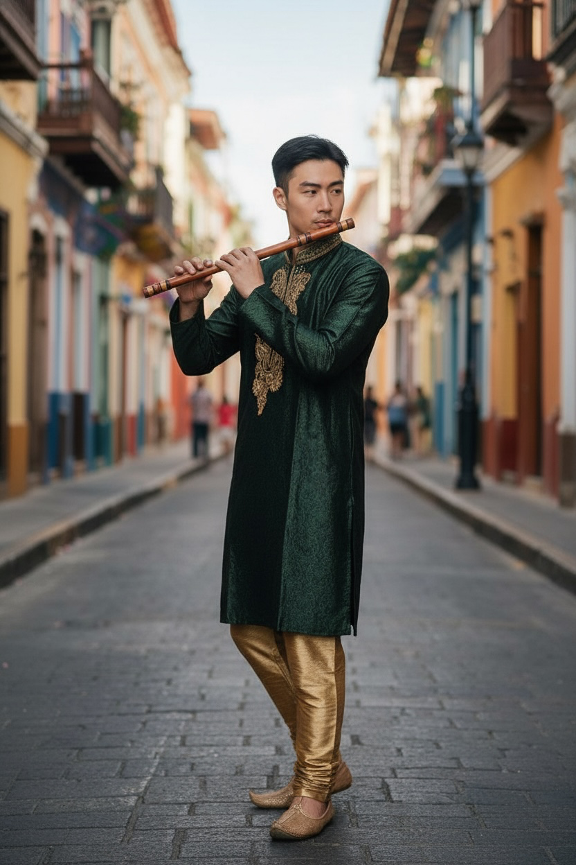 Men's Silk Kurta Pajama with hand work on neck  – Indian Wedding Ethnic Wear Set - Bollywood style