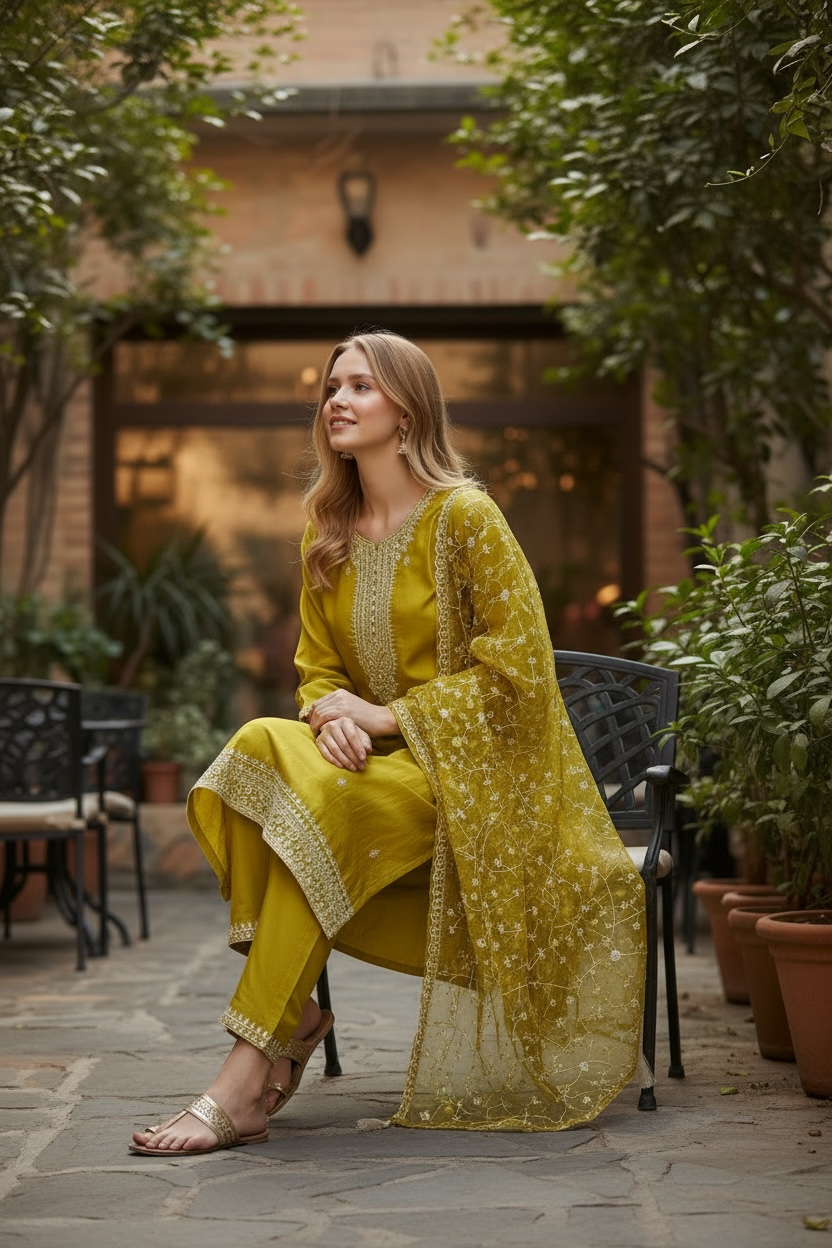 Mustard yellow Straight Suit w/fully work orzanga Dupata