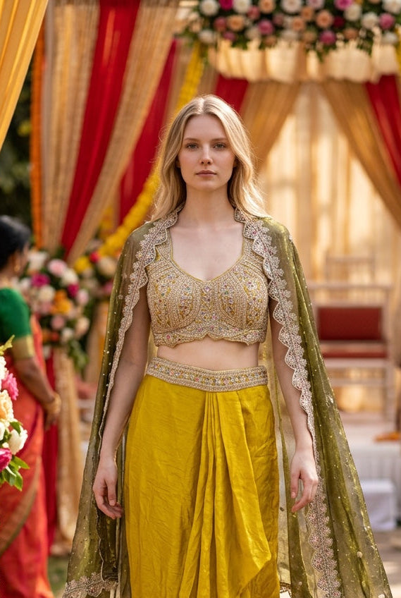 Designer Cape Style w/Dhoti Pants & Fancy Blouse in Mehendi Yellow & Green Color