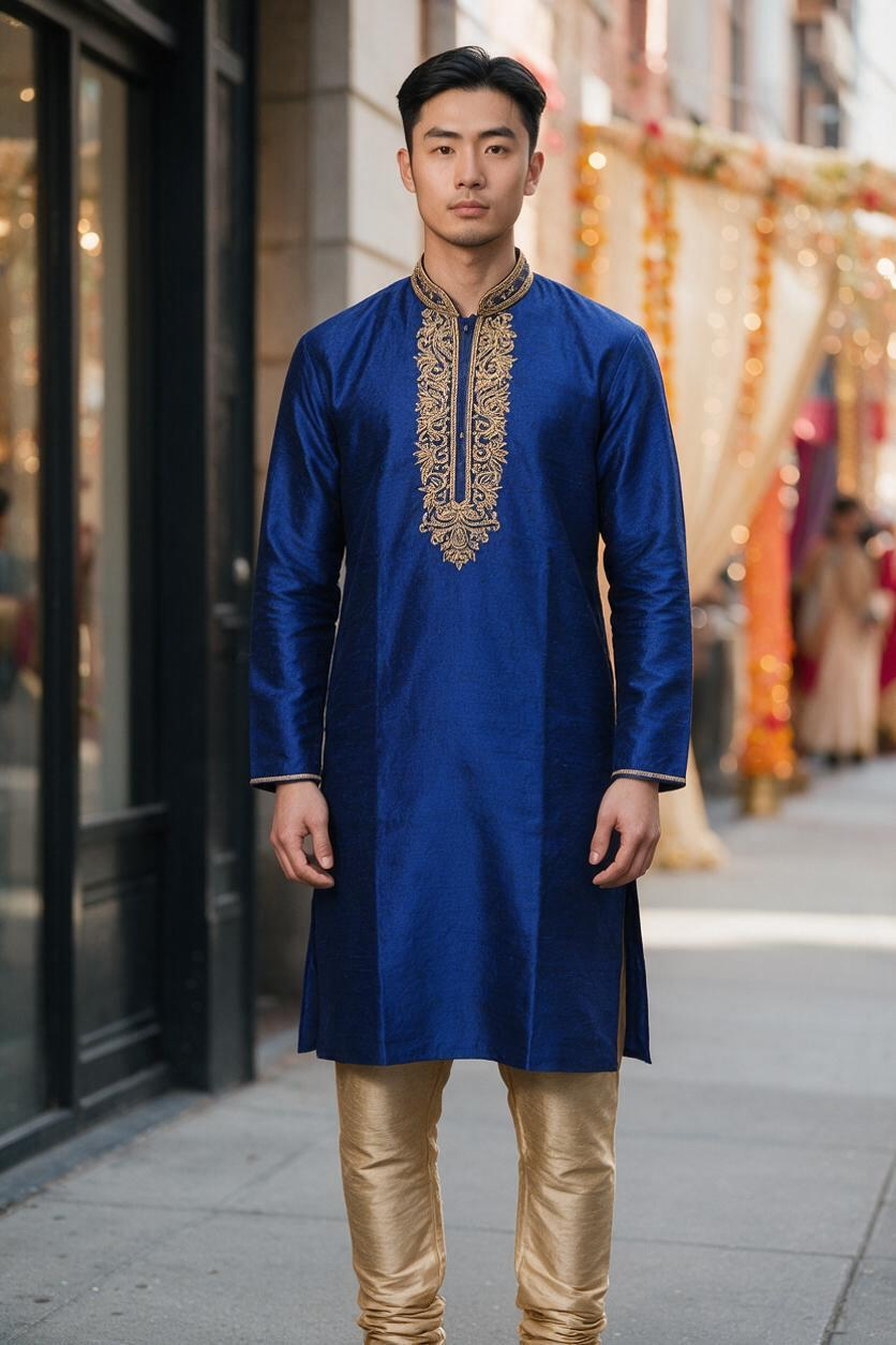 Men's Silk Kurta Pajama with hand work on neck  – Indian Wedding Ethnic Wear Set - Bollywood style