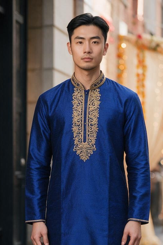 Men's Silk Kurta Pajama with hand work on neck  – Indian Wedding Ethnic Wear Set - Bollywood style