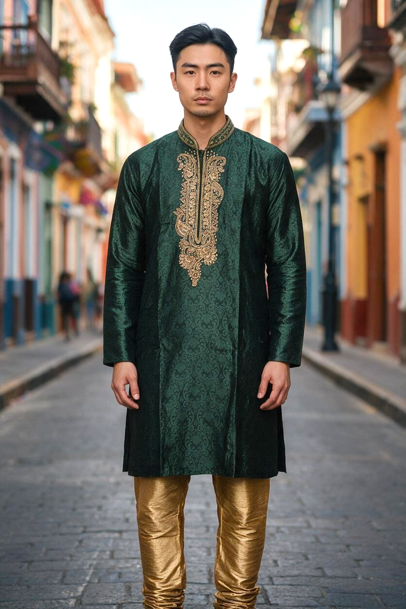 Men's Silk Kurta Pajama with hand work on neck  – Indian Wedding Ethnic Wear Set - Bollywood style