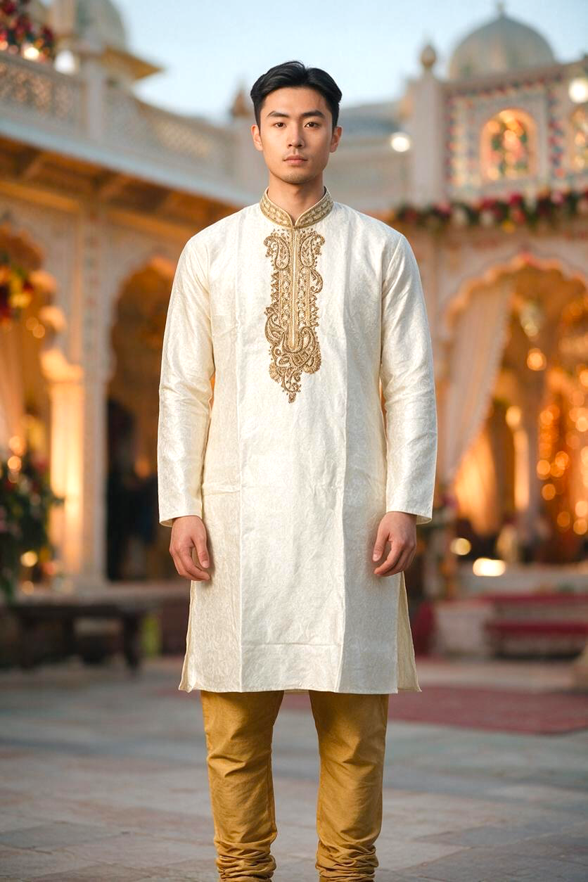 Men's Silk Kurta Pajama with hand work on neck  – Indian Wedding Ethnic Wear Set