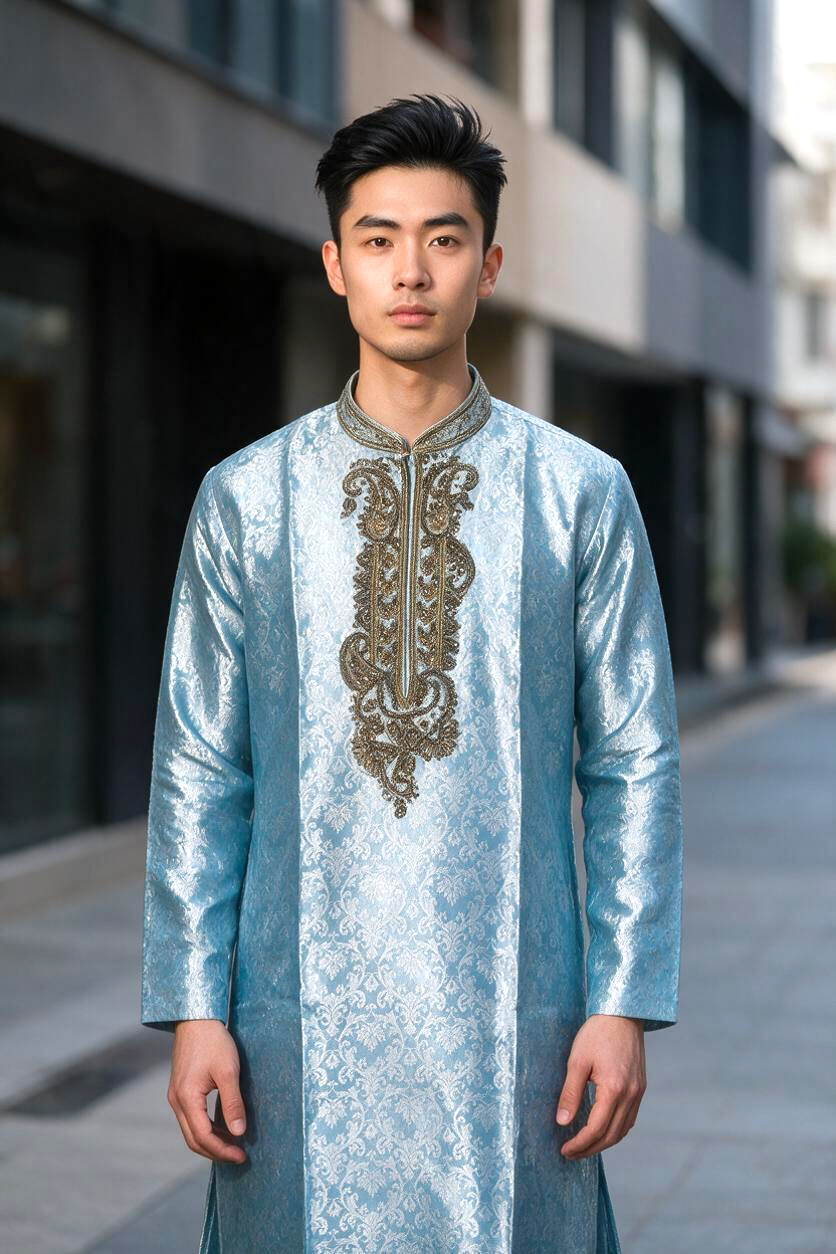 Men's Silk Kurta Pajama with hand work on neck  – Indian Wedding Ethnic Wear Set - Bollywood style