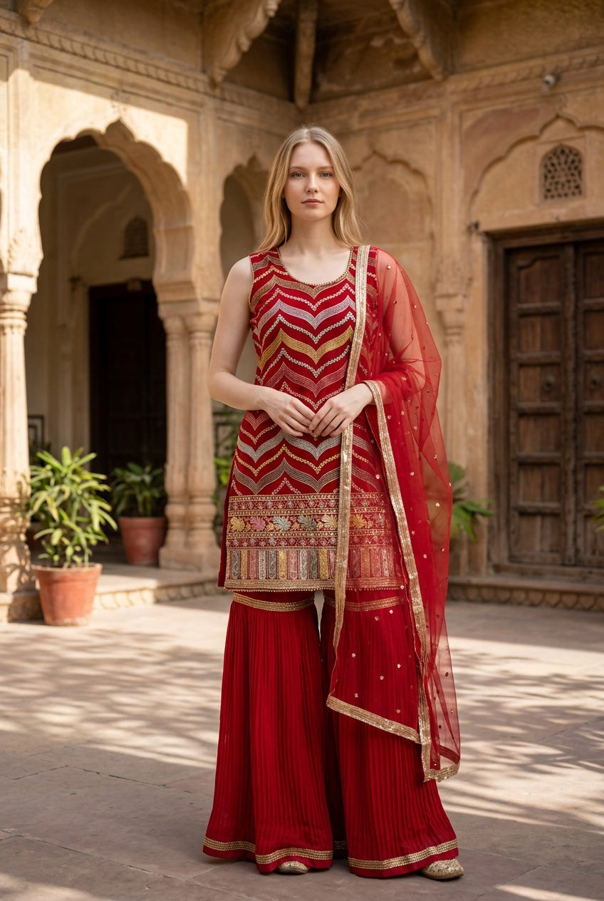 Magenta color Multi thread sequin top with sharara pant