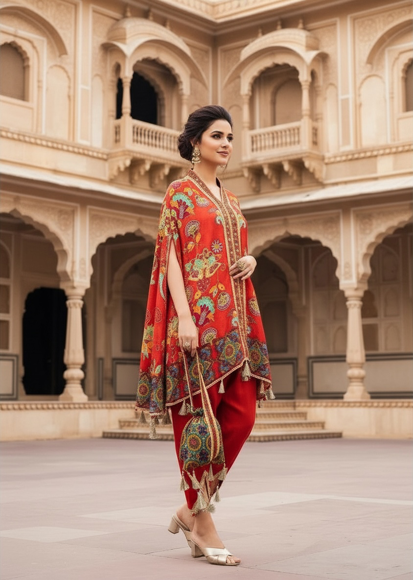 Beautiful modern looking kaftan with tulip pant & potli purse