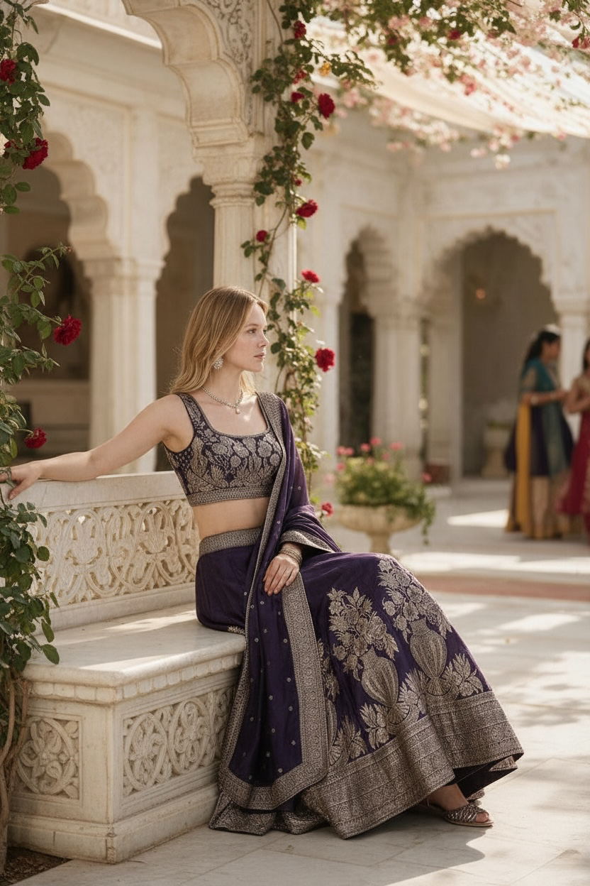 Dark Purple color banarsi silk crop top Lehenga