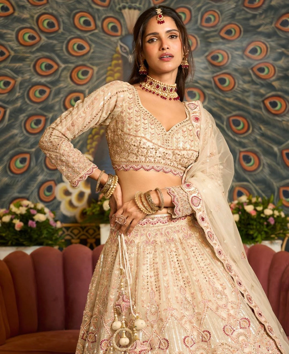 Gold color lehenga with multicolored thread work