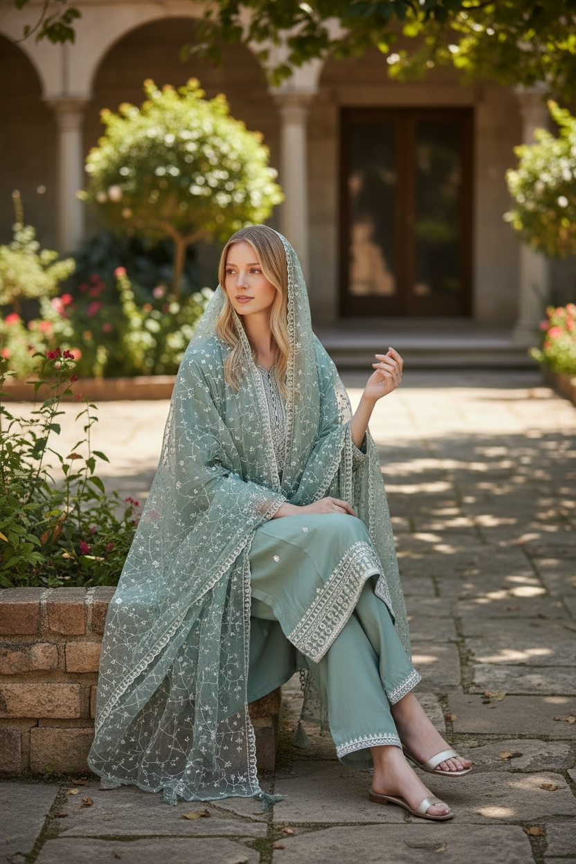 Sea Green Straight Suit w/fully work orzanga Dupata