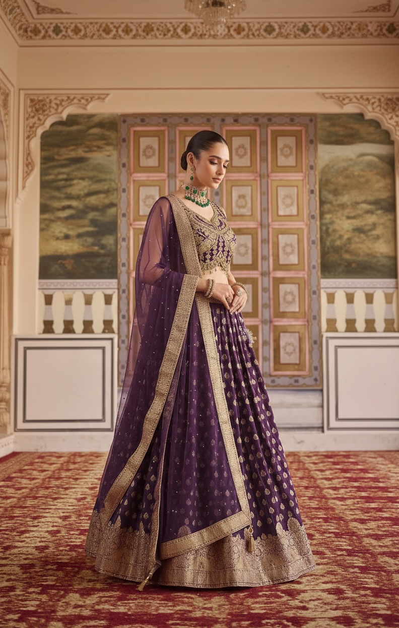 Dark Purple color banarsi silk crop top Lehenga