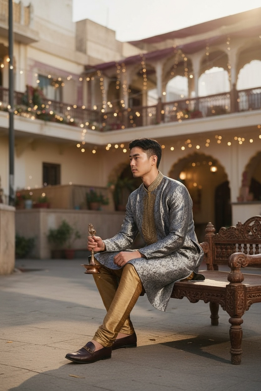 Men's Silk Kurta Pajama with hand work on neck  – Indian Wedding Ethnic Wear Set - Bollywood style