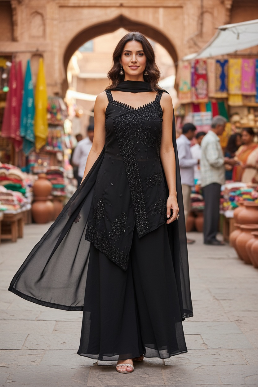 Black color Strap top with big flair sharara pant