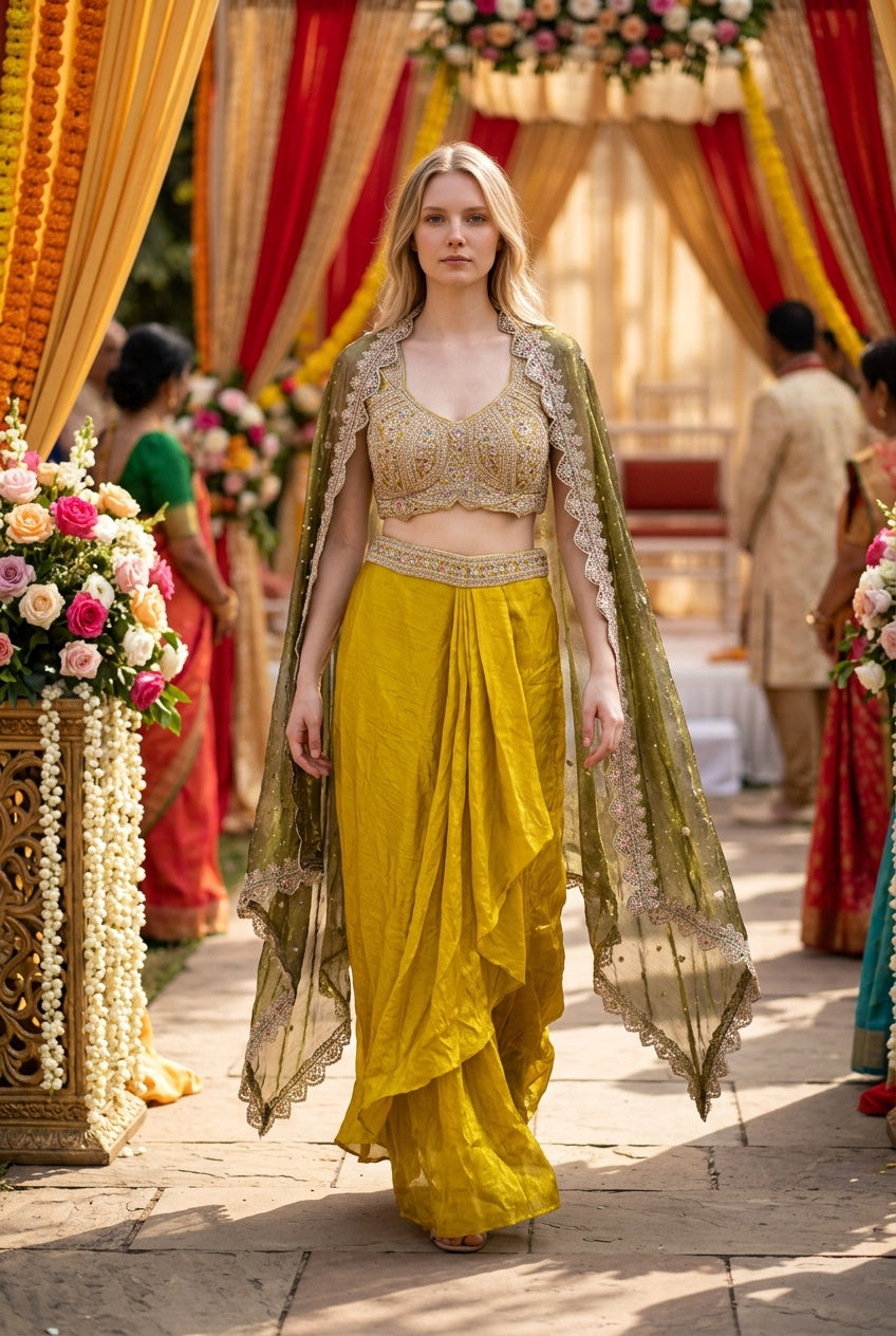 Designer Cape Style w/Dhoti Pants & Fancy Blouse in Mehendi Yellow & Green Color
