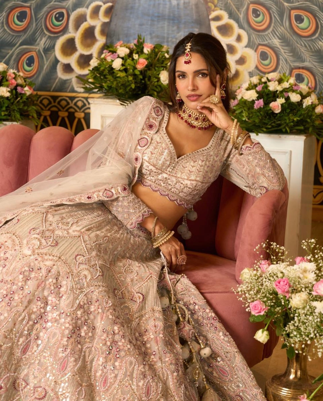 Gold color lehenga with multicolored thread work