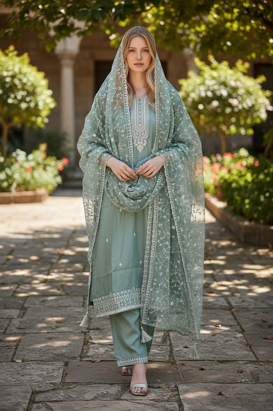 Sea Green Straight Suit w/fully work orzanga Dupata