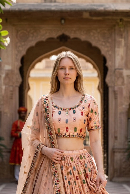 Peach Lehenga with Colorful Embroidery