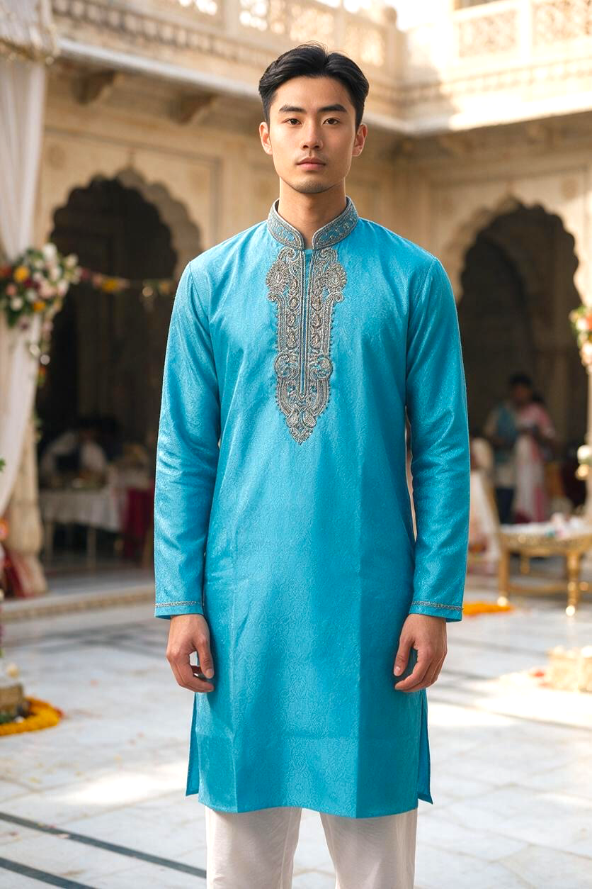 Men's brocade Silk Kurta Pajama with hand work on neck  – Indian Wedding Ethnic Wear Set