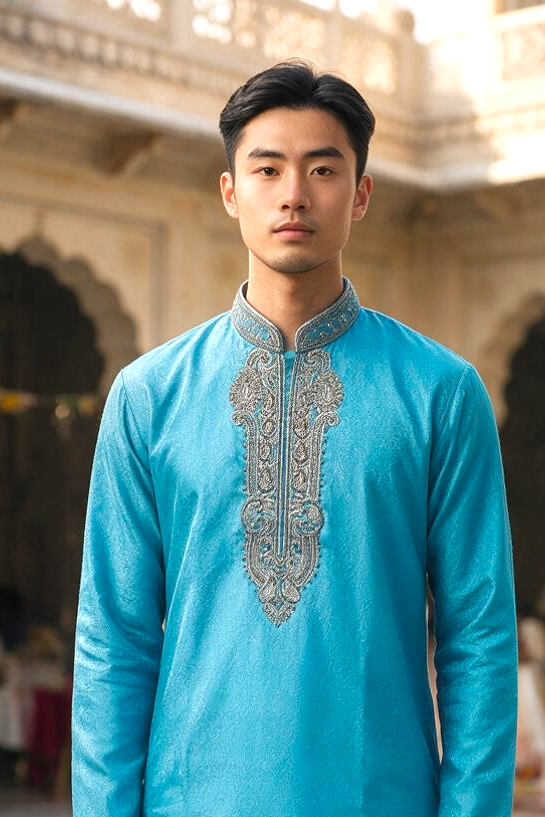 Men's brocade Silk Kurta Pajama with hand work on neck  – Indian Wedding Ethnic Wear Set