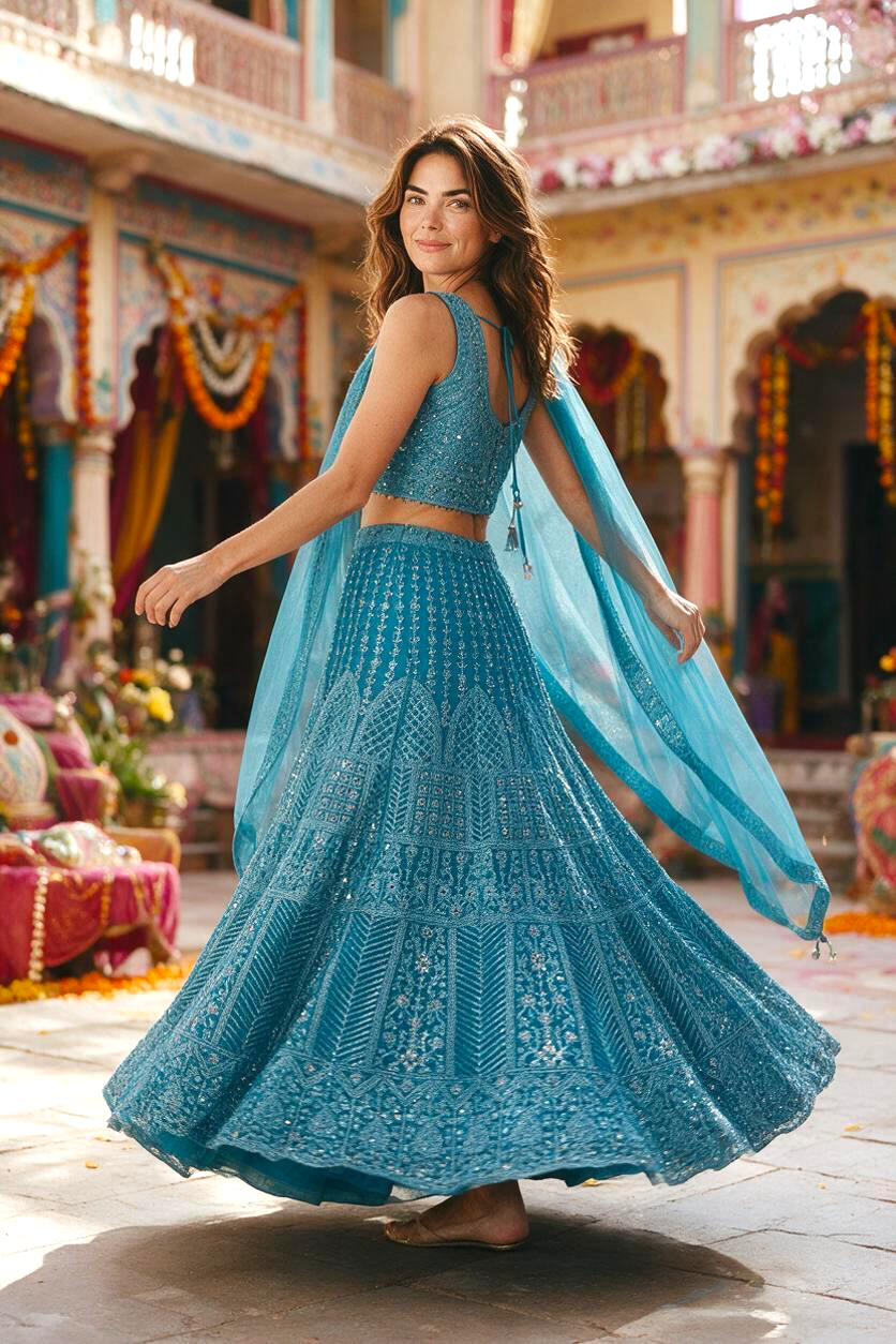 Baby blue embroidered lehenga with original mirror work