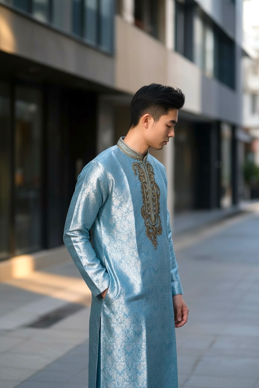 Men's Silk Kurta Pajama with hand work on neck  – Indian Wedding Ethnic Wear Set - Bollywood style