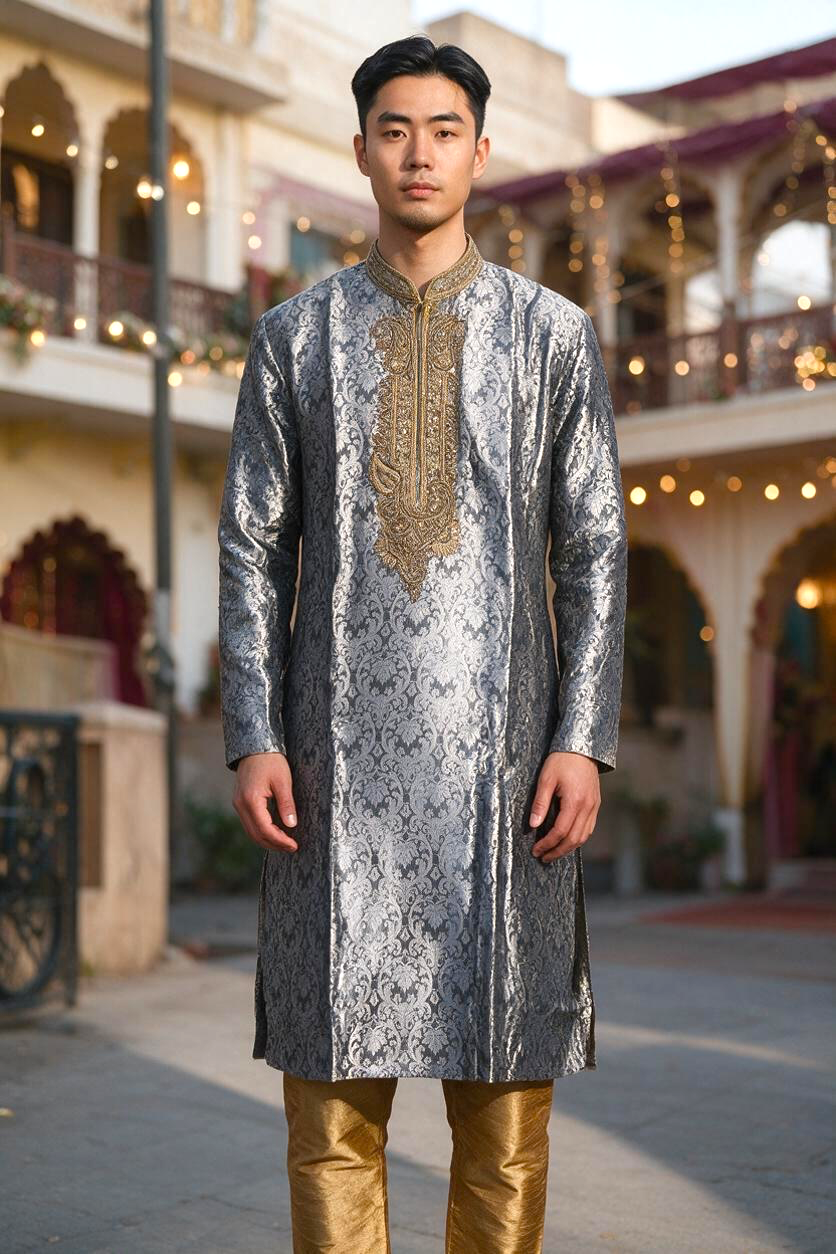 Men's Silk Kurta Pajama with hand work on neck  – Indian Wedding Ethnic Wear Set - Bollywood style