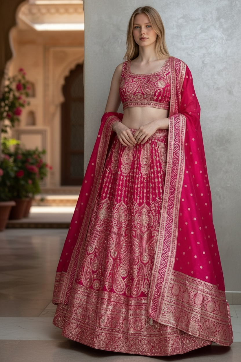 Pink color silk crop top Lehenga