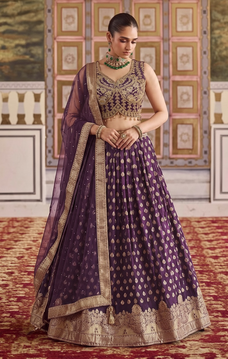 Dark Purple color banarsi silk crop top Lehenga