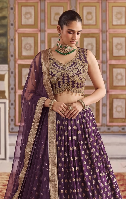 Dark Purple color banarsi silk crop top Lehenga