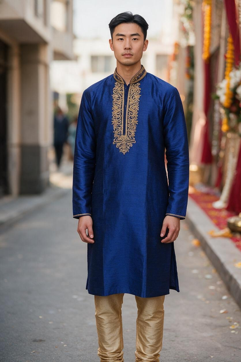 Men's Silk Kurta Pajama with hand work on neck  – Indian Wedding Ethnic Wear Set - Bollywood style