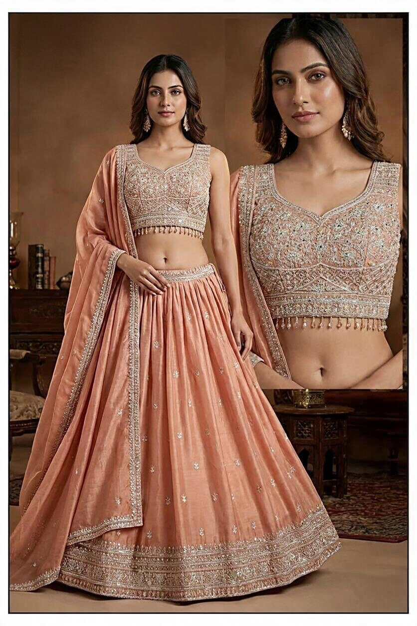 Peach Lehenga with Embroidery work