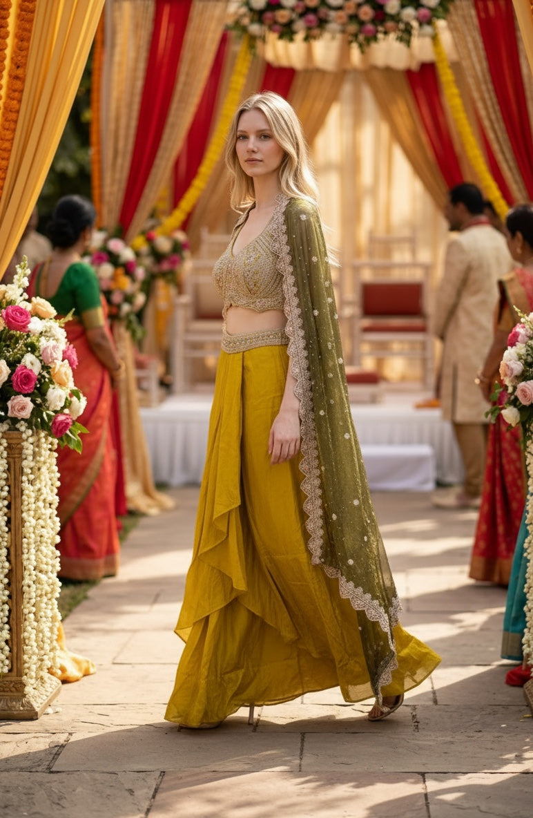 Designer Cape Style w/Dhoti Pants & Fancy Blouse in Mehendi Yellow & Green Color