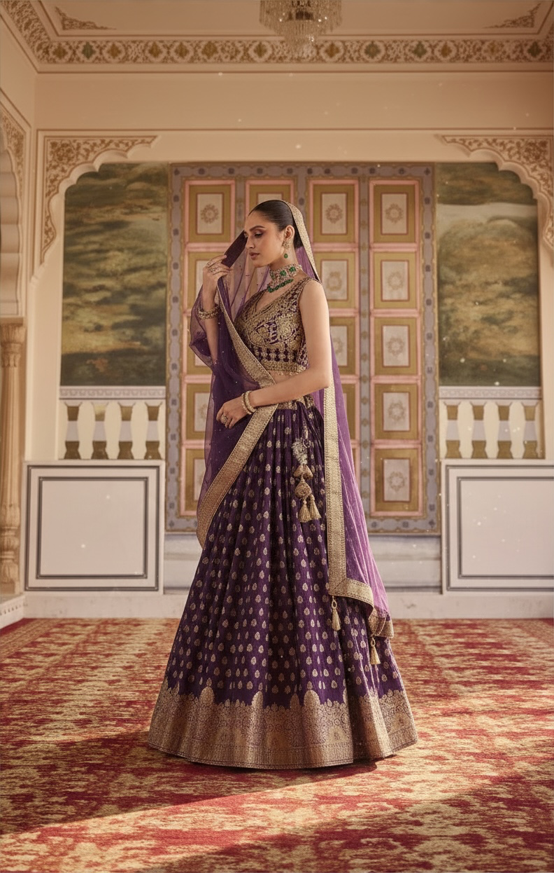 Dark Purple color banarsi silk crop top Lehenga