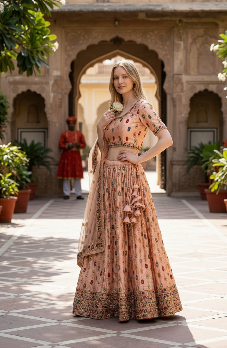 Peach Lehenga with Colorful Embroidery