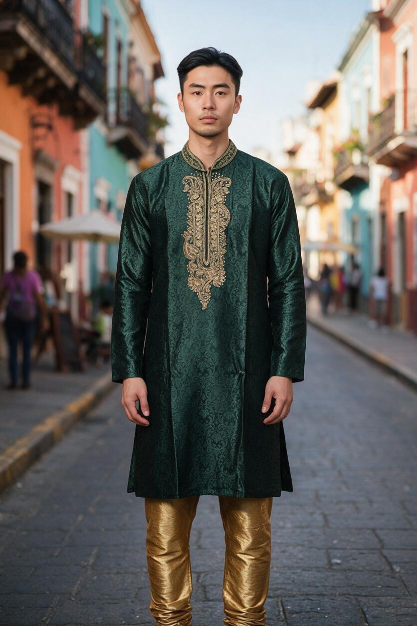 Men's Silk Kurta Pajama with hand work on neck  – Indian Wedding Ethnic Wear Set - Bollywood style