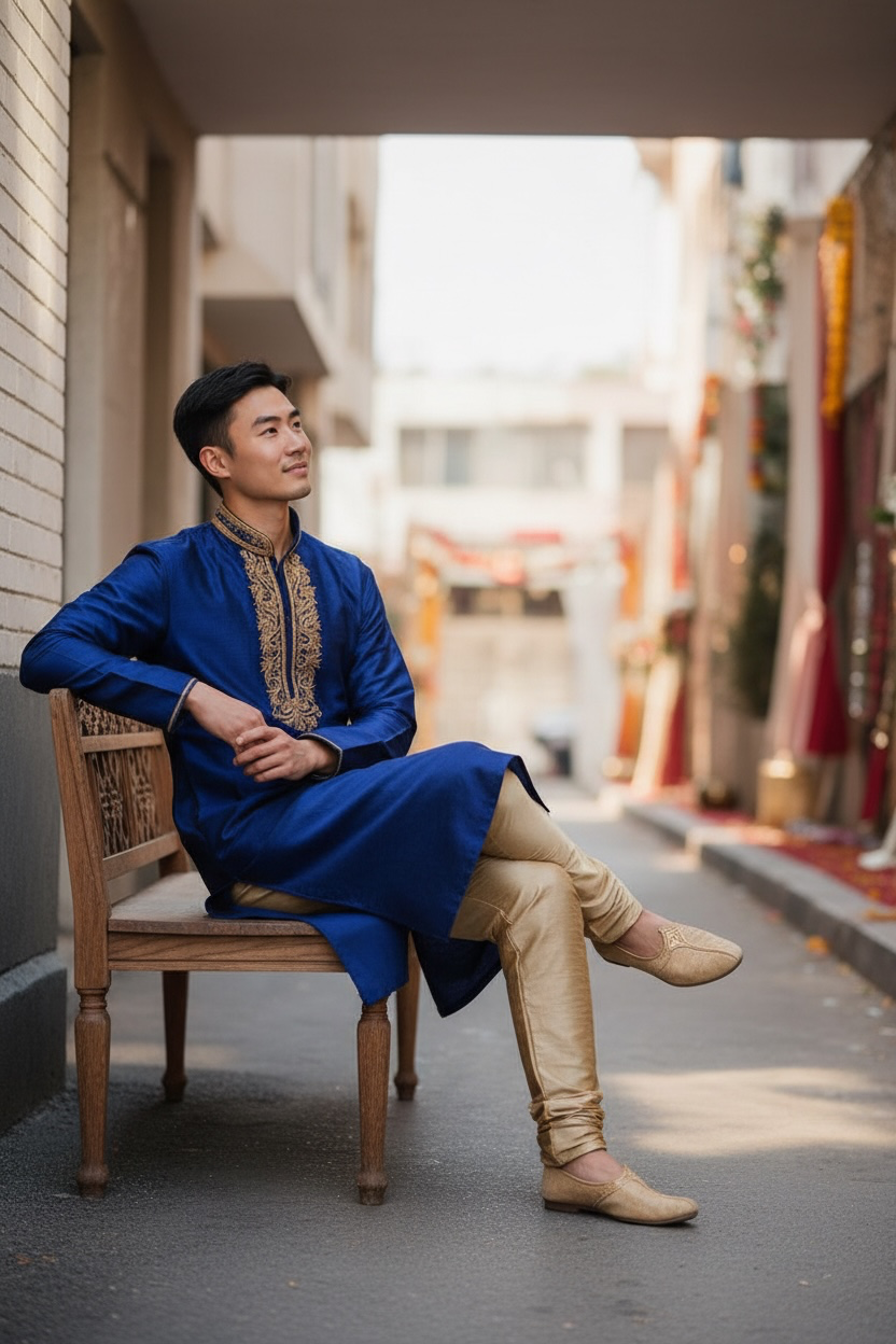 Men's Silk Kurta Pajama with hand work on neck  – Indian Wedding Ethnic Wear Set - Bollywood style
