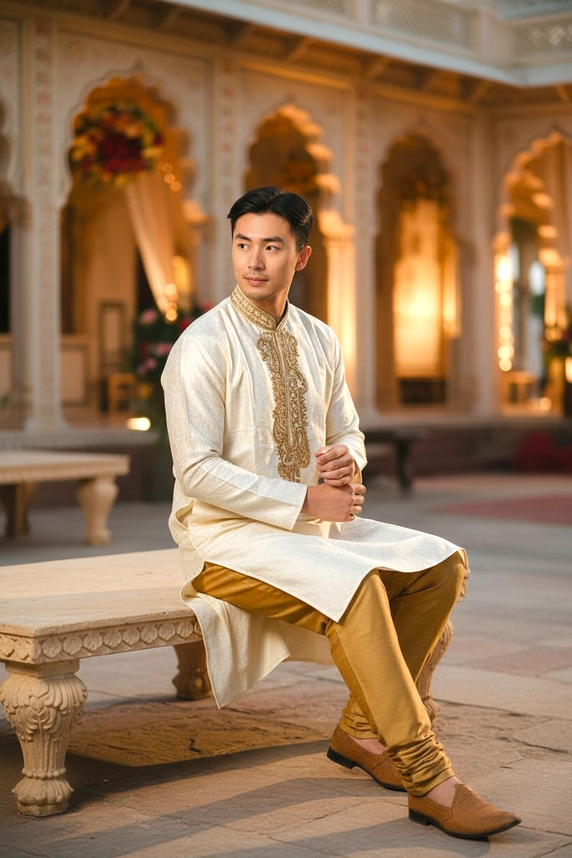 Men's Silk Kurta Pajama with hand work on neck  – Indian Wedding Ethnic Wear Set