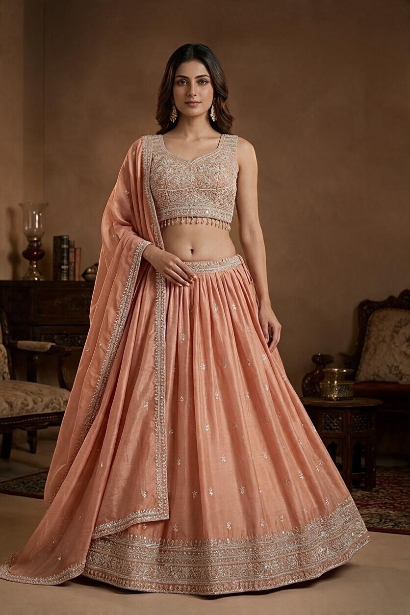 Peach Lehenga with Embroidery work