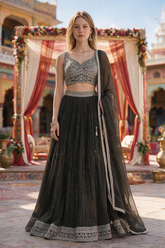 Bottle green embroidered lehenga