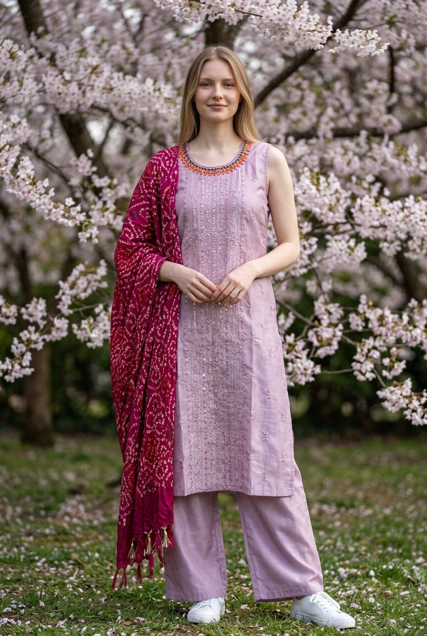 Baby Pink Straight Suit w/Bandni Dupata