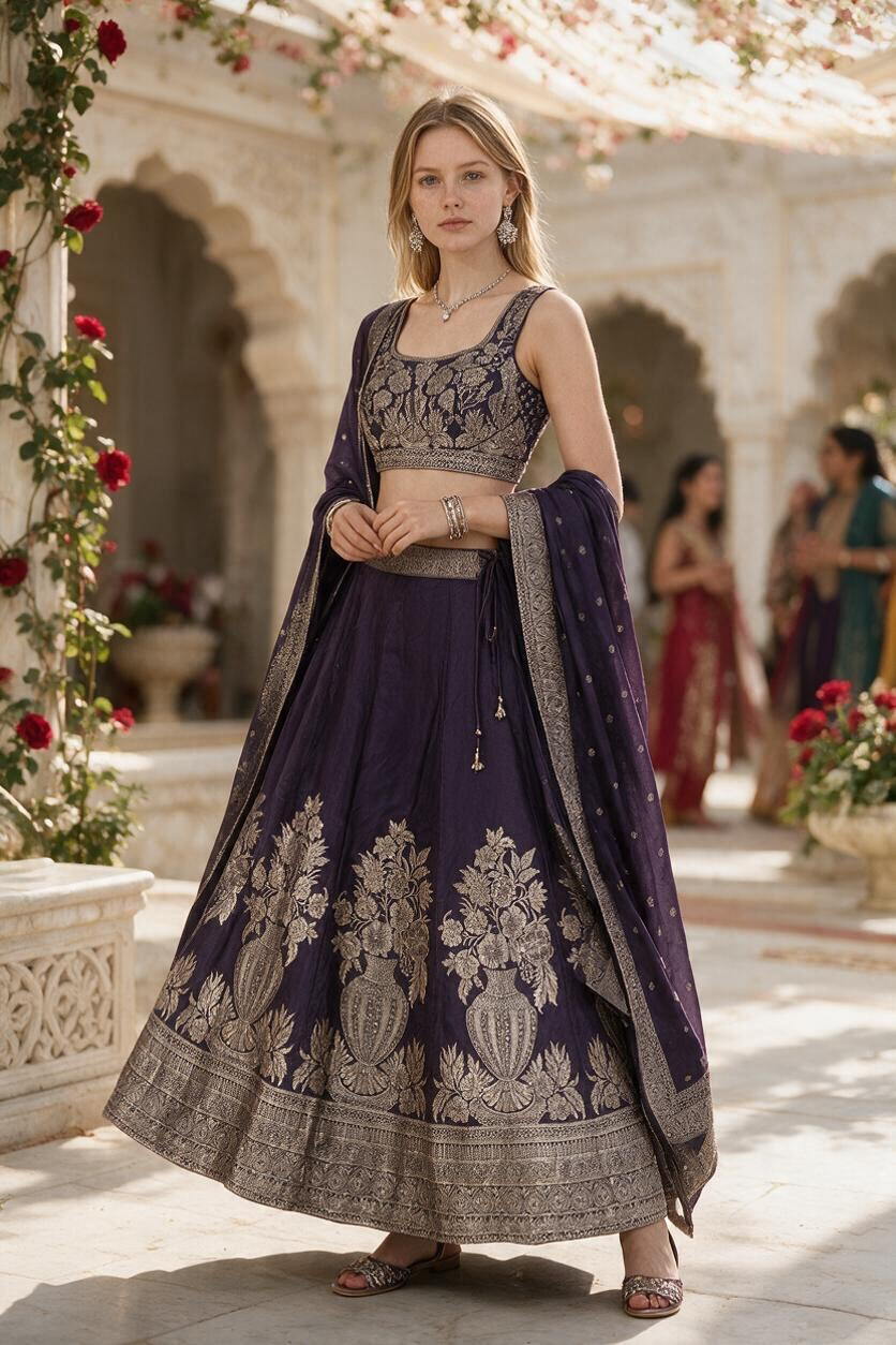 Dark Purple color banarsi silk crop top Lehenga
