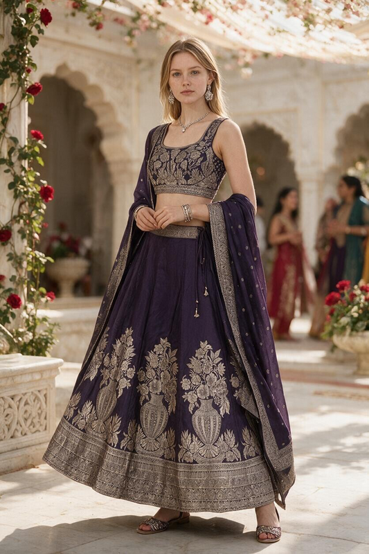 Dark Purple color banarsi silk crop top Lehenga