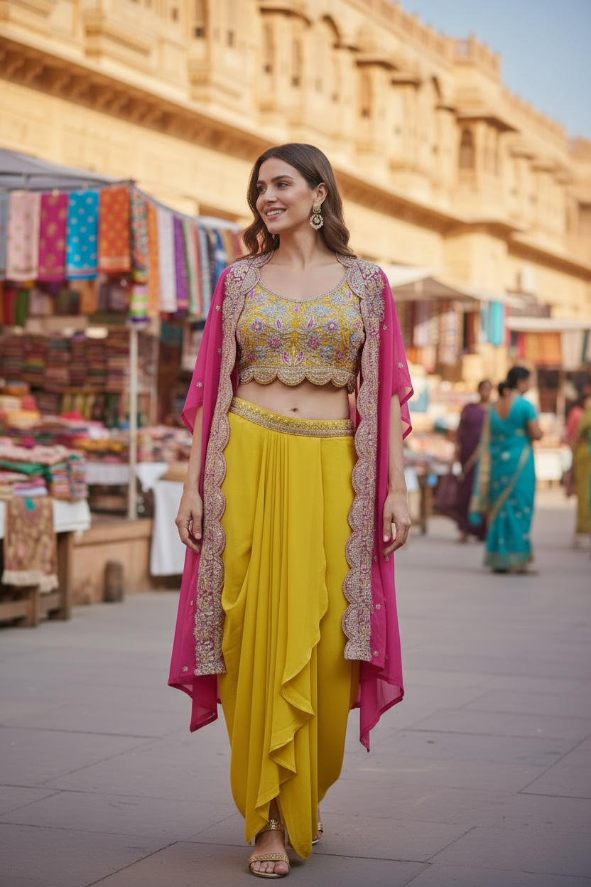 Designer Cape Style w/Dhoti Pants & Fancy Blouse in Yellow & pink Color