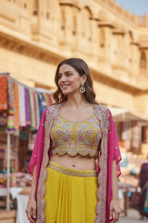 Designer Cape Style w/Dhoti Pants & Fancy Blouse in Yellow & pink Color
