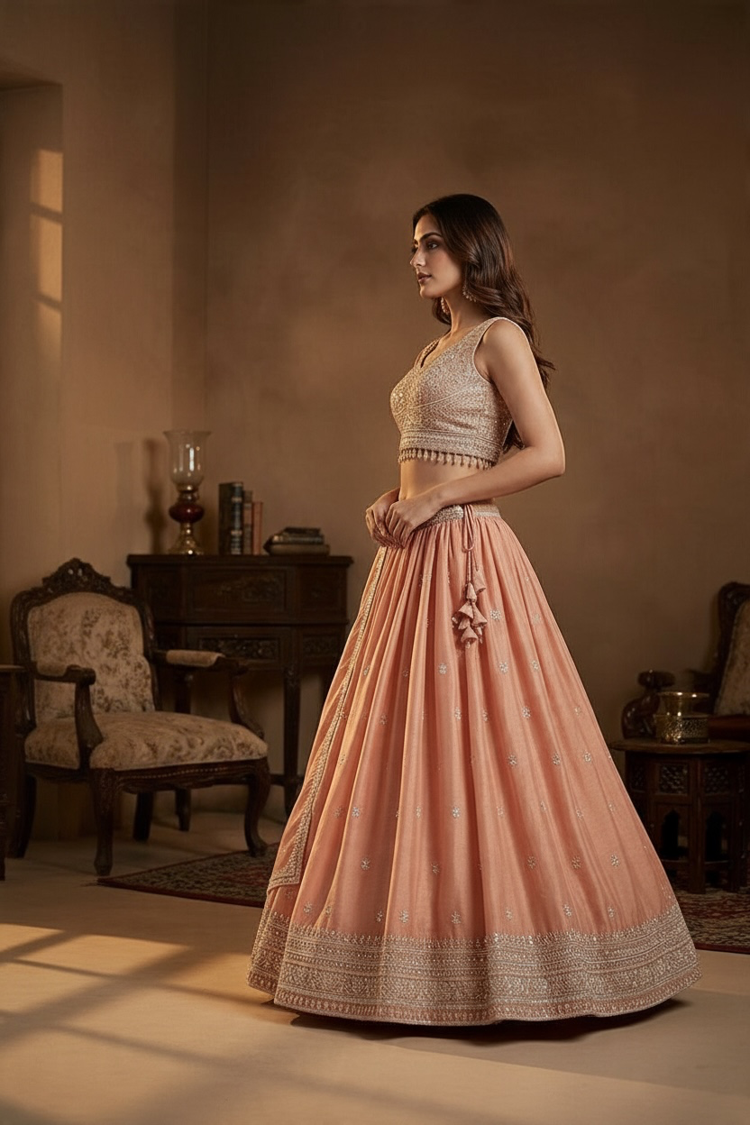 Peach Lehenga with Embroidery work