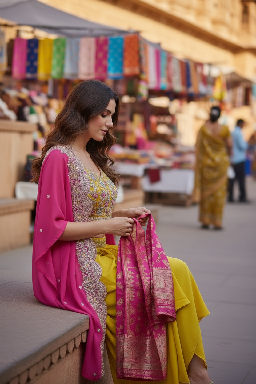 Designer Cape Style w/Dhoti Pants & Fancy Blouse in Yellow & pink Color