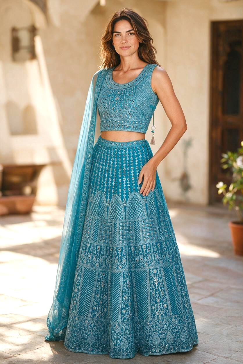 Baby blue embroidered lehenga with original mirror work